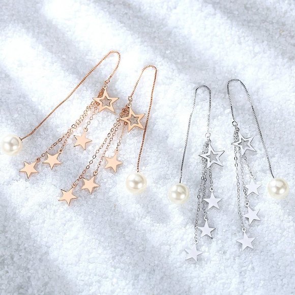 NEW 925 Sterling Silver Pearl Star Drop Earrings Q - Picture 3 of 8